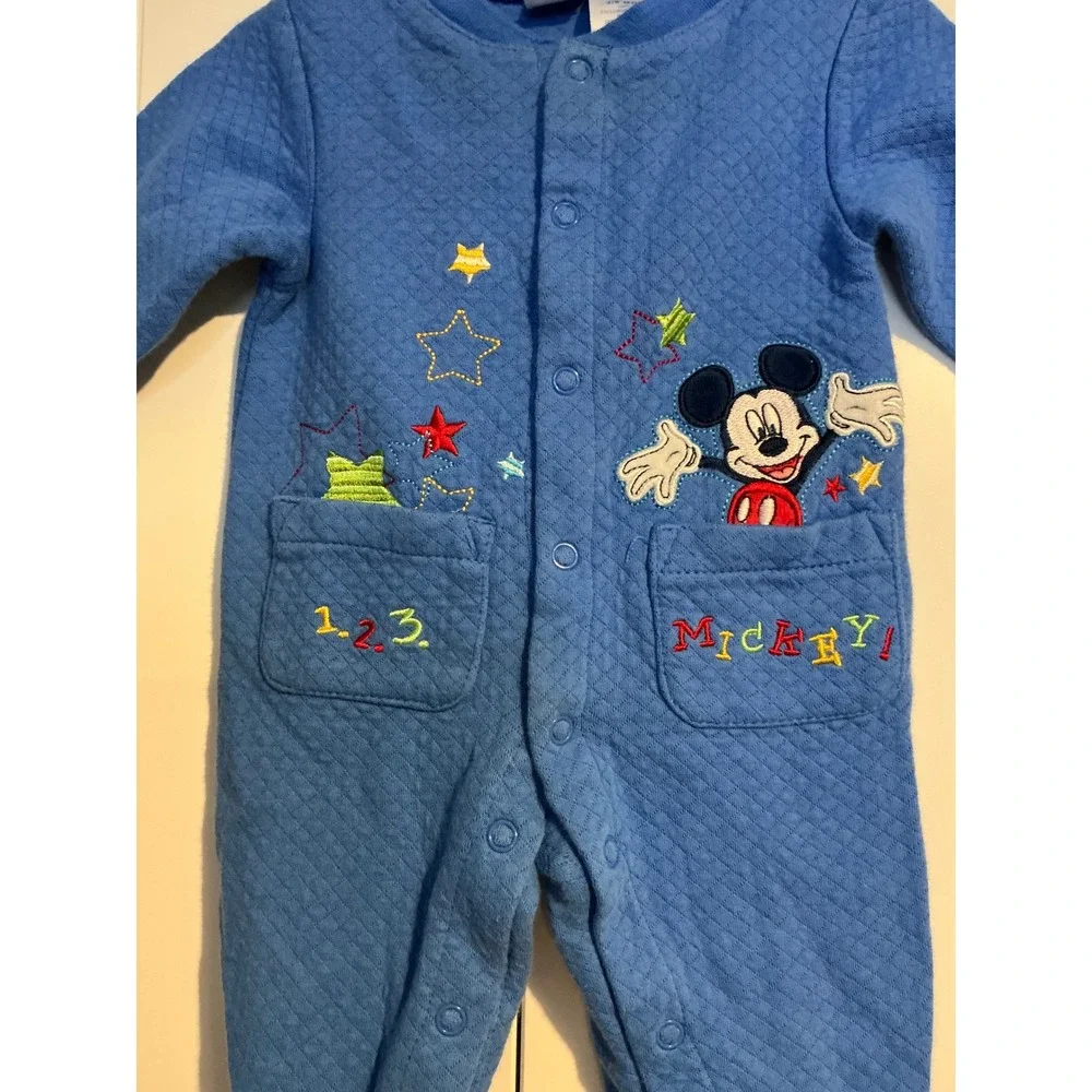 Disney Baby Blue Mickey Mouse Quilted‎ Footed Pajamas Romper 3-6 Months